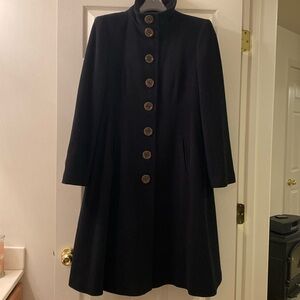 Marvin Richards black wool coat with large buttons on front and sleeves